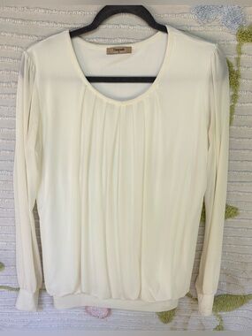 Timeson Long Sleeve Scoop Neck Pleated Front Blouse Ivory Mesh Sz M Coquette NEW